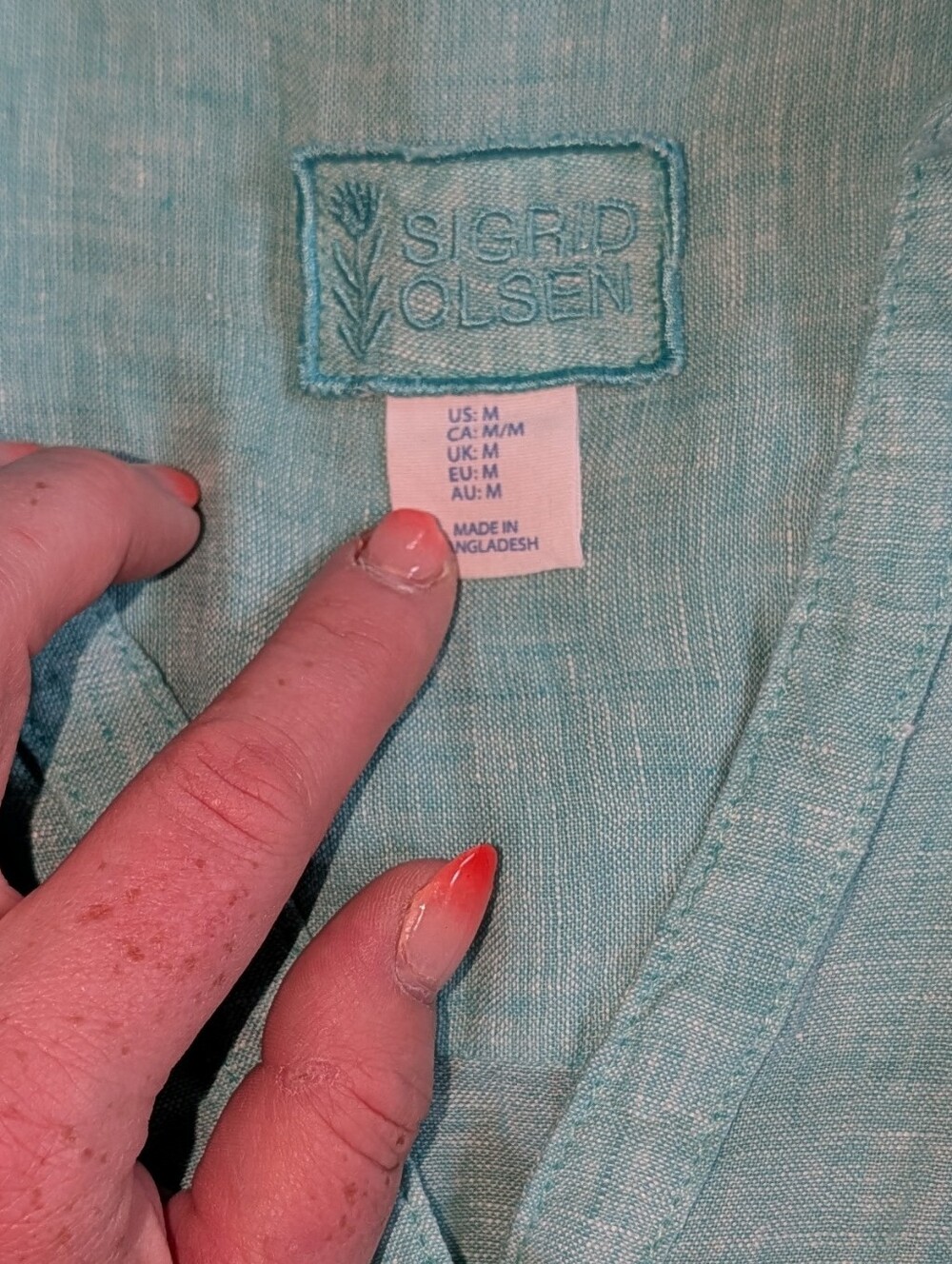 Sigrid Olsen Seafoam Green Womens Button-Down Linen Shirt Summer Coastal